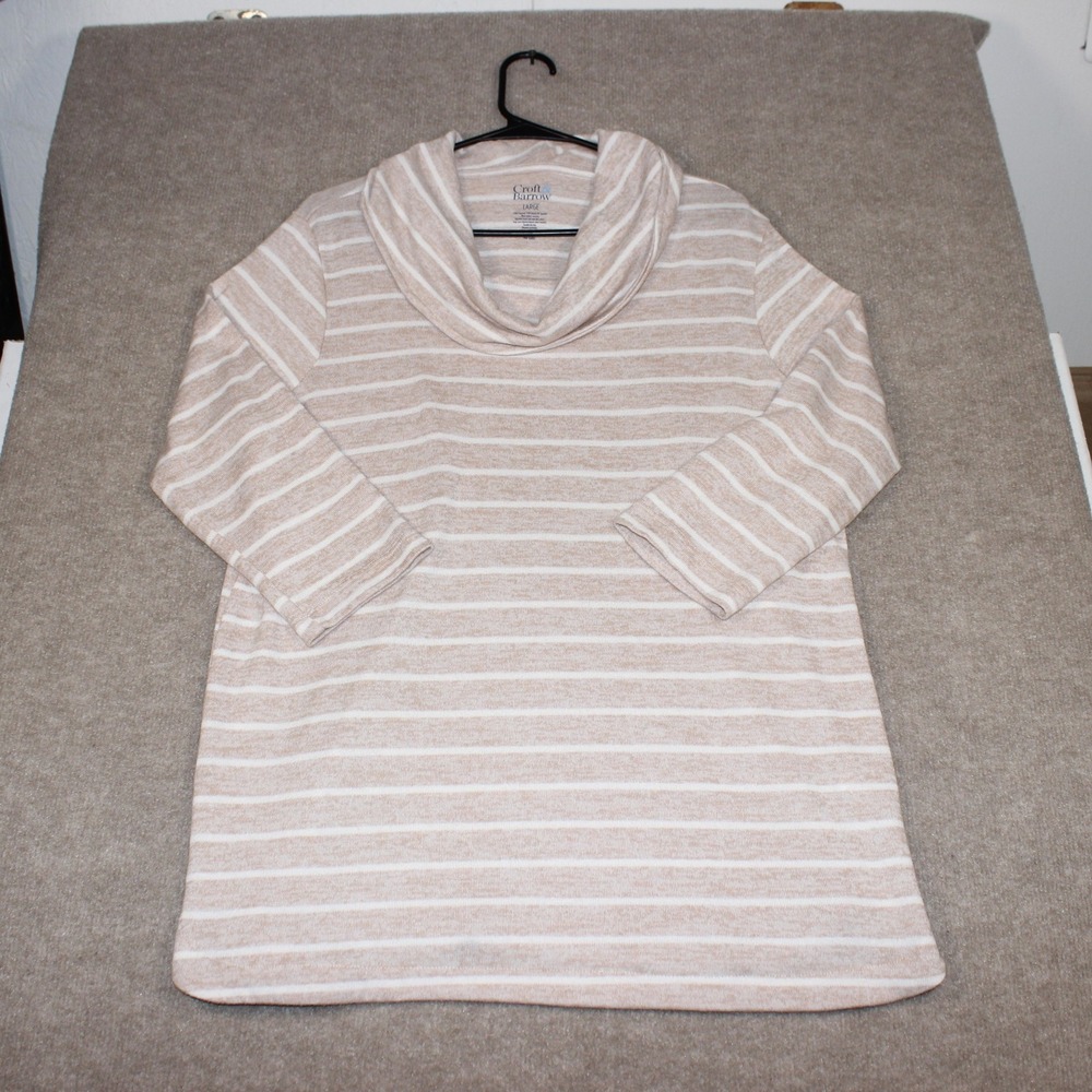 Croft & Barrow Womens Tan White Striped Cowl Neck Tunic Top Large 3/4 Sleeve